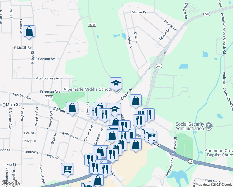 map of restaurants, bars, coffee shops, grocery stores, and more near 1811 Badin Road in Albemarle