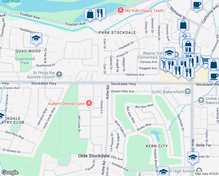 map of restaurants, bars, coffee shops, grocery stores, and more near 109 River Oaks Drive in Bakersfield