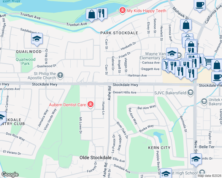 map of restaurants, bars, coffee shops, grocery stores, and more near 109 River Oaks Drive in Bakersfield
