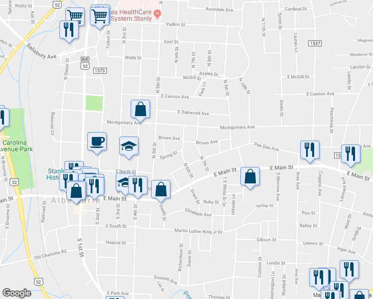 map of restaurants, bars, coffee shops, grocery stores, and more near 230 North 6th Street in Albemarle