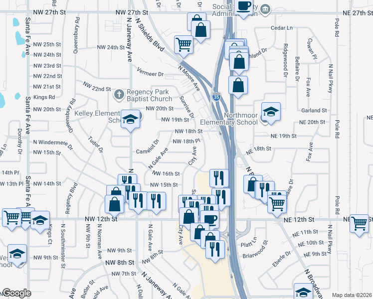map of restaurants, bars, coffee shops, grocery stores, and more near 649 Camelot Drive in Moore