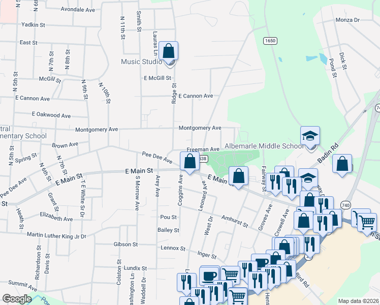 map of restaurants, bars, coffee shops, grocery stores, and more near 1235 A B Freeman Avenue in Albemarle