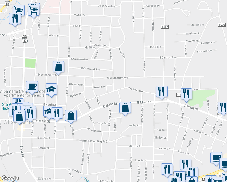 map of restaurants, bars, coffee shops, grocery stores, and more near 200 North 9th Street in Albemarle