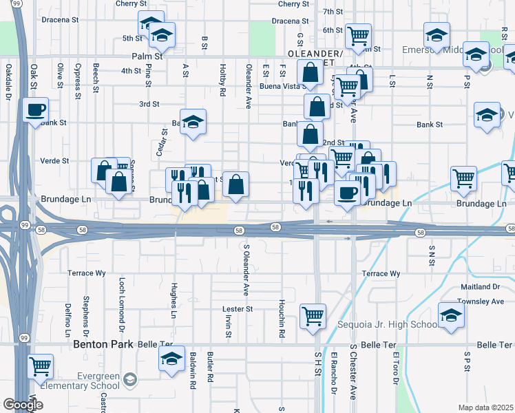 map of restaurants, bars, coffee shops, grocery stores, and more near 2021 Brundage Lane in Bakersfield