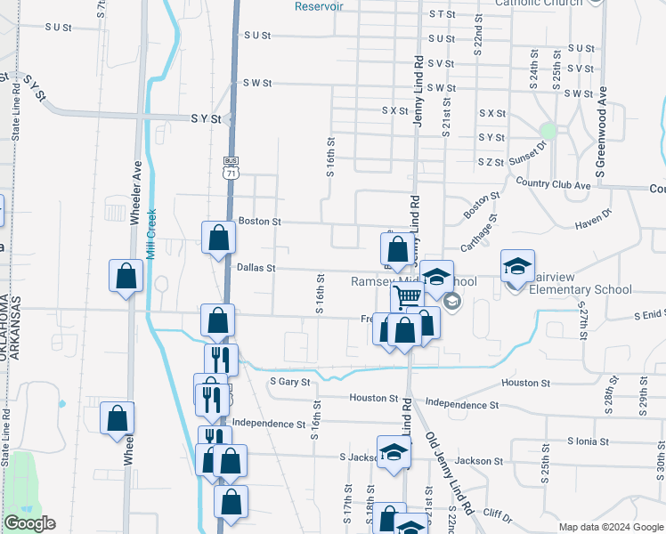 map of restaurants, bars, coffee shops, grocery stores, and more near 1609 Dallas Street in Fort Smith