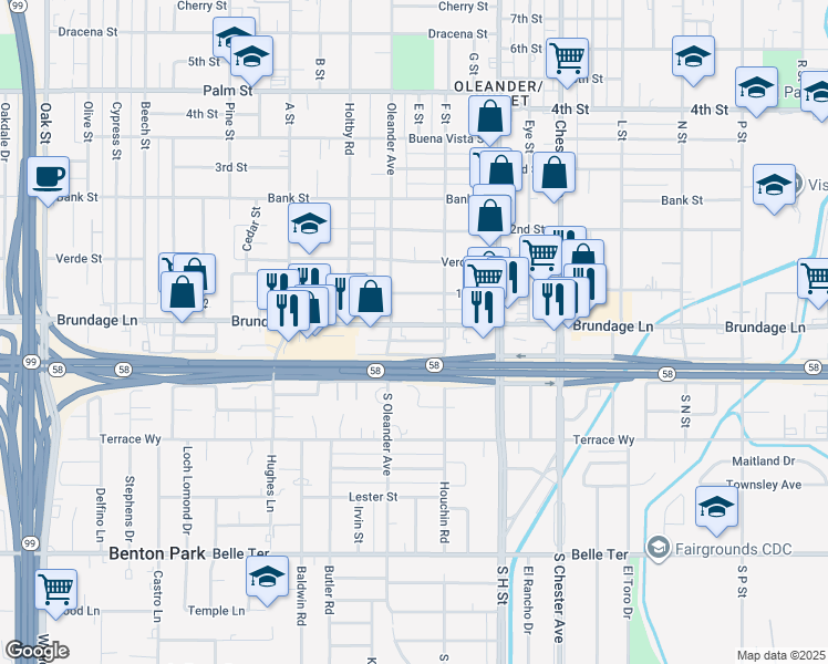map of restaurants, bars, coffee shops, grocery stores, and more near 2021 Brundage Lane in Bakersfield
