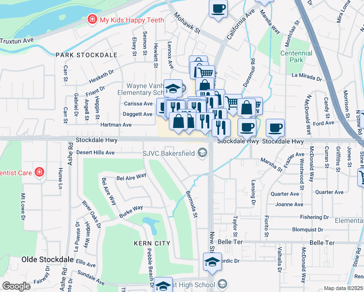 map of restaurants, bars, coffee shops, grocery stores, and more near 5501 Stockdale Highway in Bakersfield