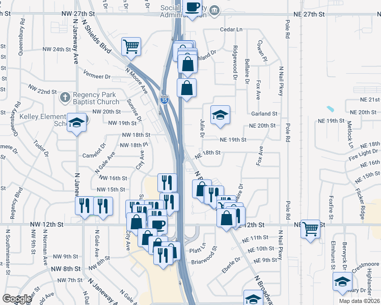 map of restaurants, bars, coffee shops, grocery stores, and more near 1906 North Broadway Street in Moore