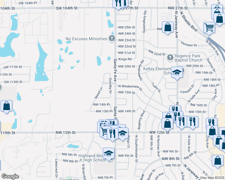 map of restaurants, bars, coffee shops, grocery stores, and more near 1540 South Santa Fe Avenue in Moore