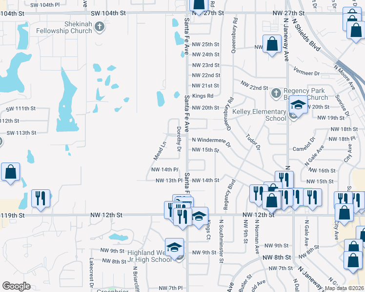 map of restaurants, bars, coffee shops, grocery stores, and more near 1540 South Santa Fe Avenue in Moore