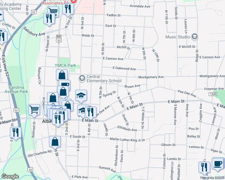 map of restaurants, bars, coffee shops, grocery stores, and more near 445 Spring St in Albemarle