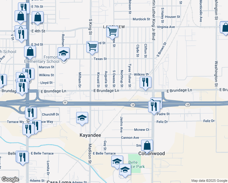 map of restaurants, bars, coffee shops, grocery stores, and more near 1033 East Brundage Lane in Bakersfield