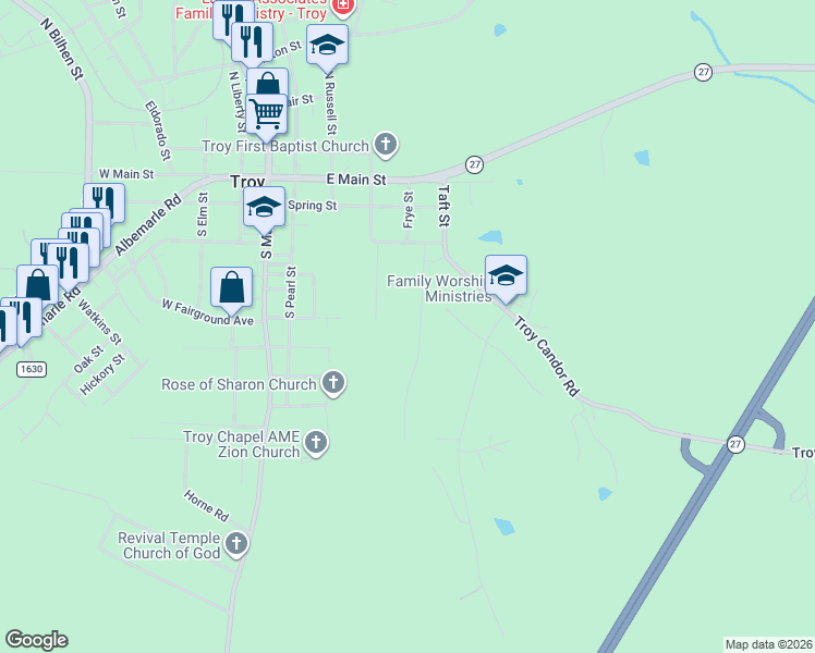 map of restaurants, bars, coffee shops, grocery stores, and more near 610 Carson Street in Troy