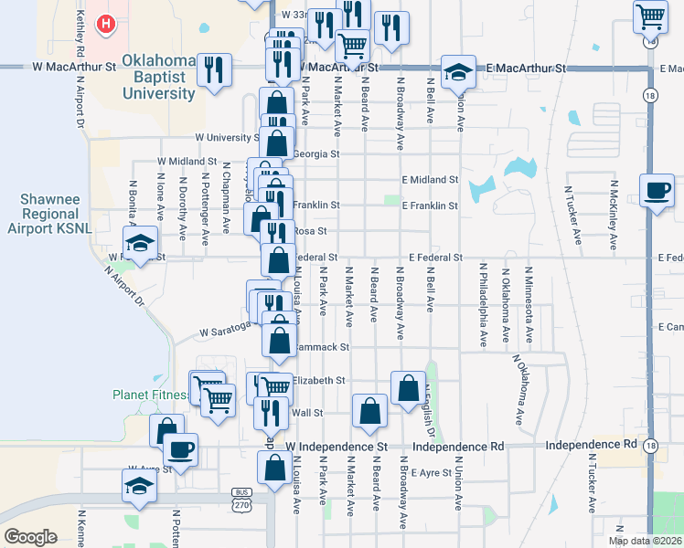 map of restaurants, bars, coffee shops, grocery stores, and more near 1921 North Park Avenue in Shawnee