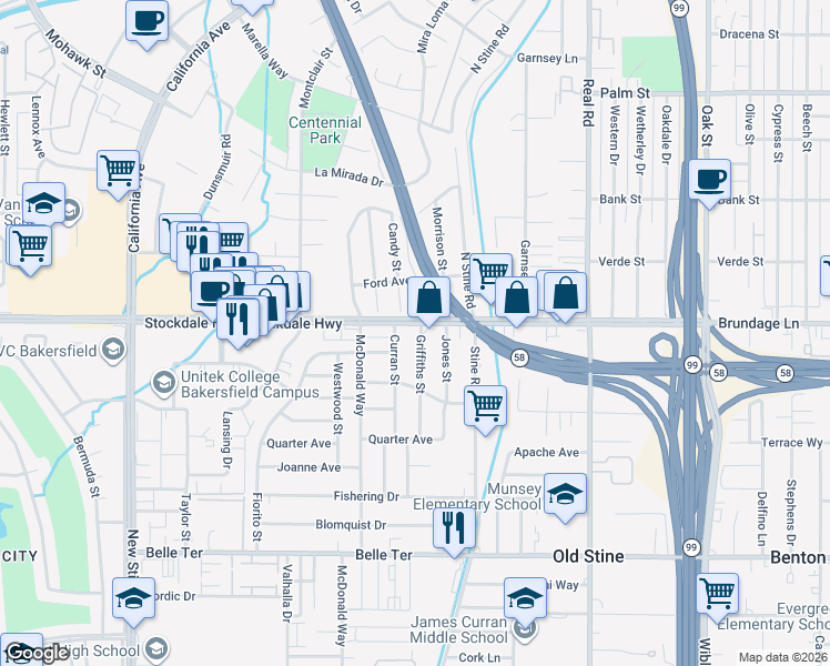 map of restaurants, bars, coffee shops, grocery stores, and more near 9 Griffiths Street in Bakersfield
