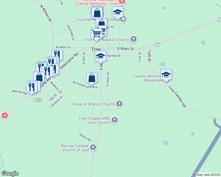 map of restaurants, bars, coffee shops, grocery stores, and more near 510 South Pearl Street in Troy