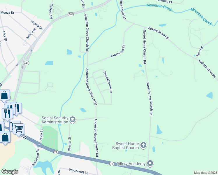 map of restaurants, bars, coffee shops, grocery stores, and more near 410 Smokehouse Lane in Albemarle