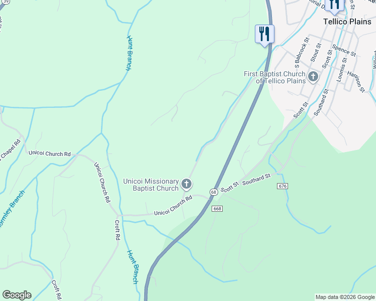 map of restaurants, bars, coffee shops, grocery stores, and more near 204 Unicoi Church Road in Tellico Plains