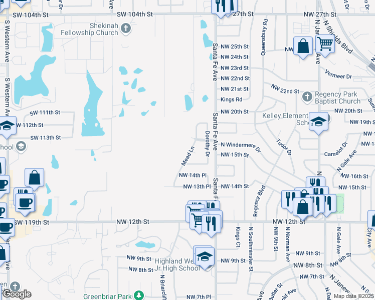 map of restaurants, bars, coffee shops, grocery stores, and more near 1617 Mead Lane in Moore