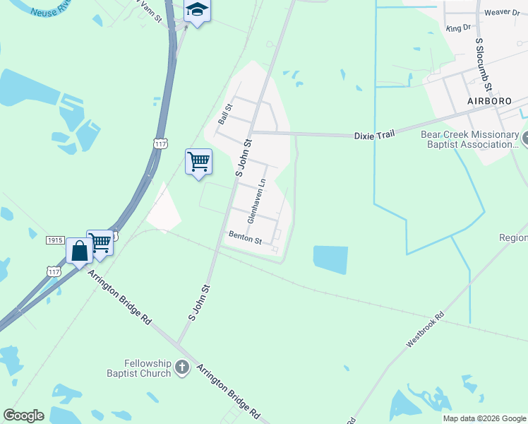 map of restaurants, bars, coffee shops, grocery stores, and more near 303 Mc Arthur Street in Goldsboro