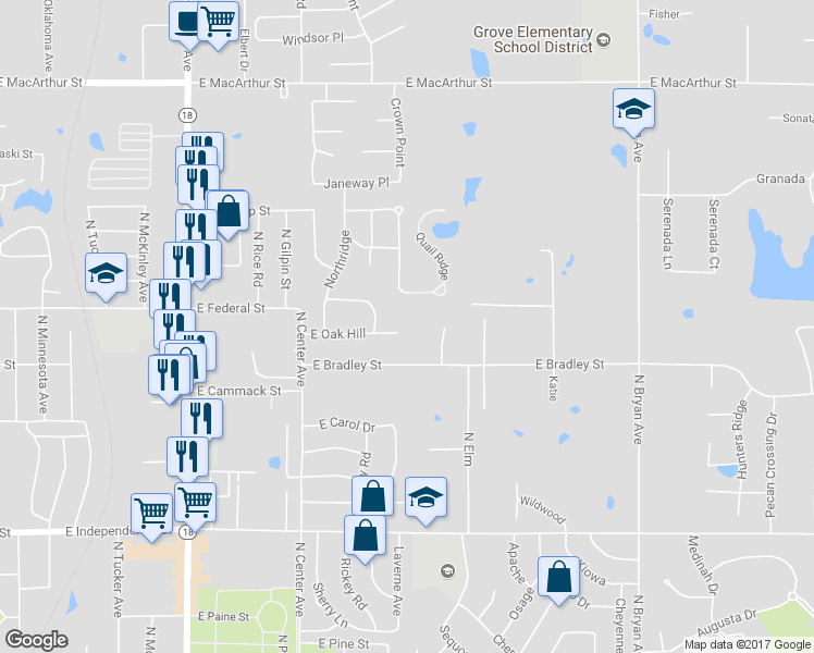 map of restaurants, bars, coffee shops, grocery stores, and more near 16 East Oak Hill in Shawnee