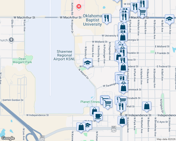 map of restaurants, bars, coffee shops, grocery stores, and more near 1831 North Airport Drive in Shawnee