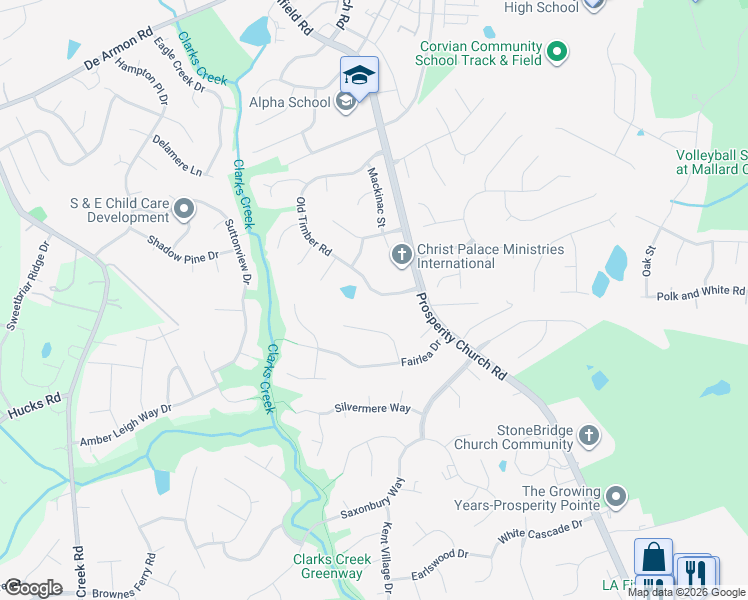 map of restaurants, bars, coffee shops, grocery stores, and more near 11835 Old Timber Road in Charlotte