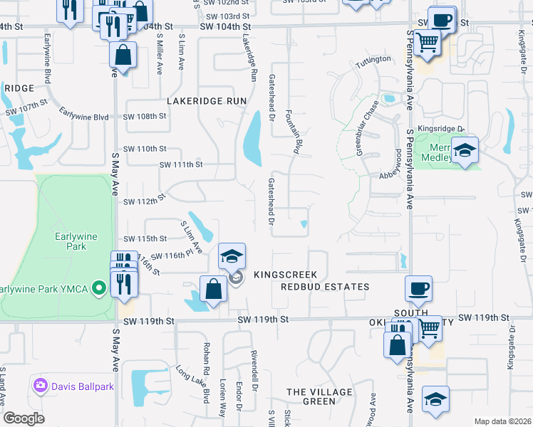 map of restaurants, bars, coffee shops, grocery stores, and more near 11432 Lakeridge Road in Oklahoma City