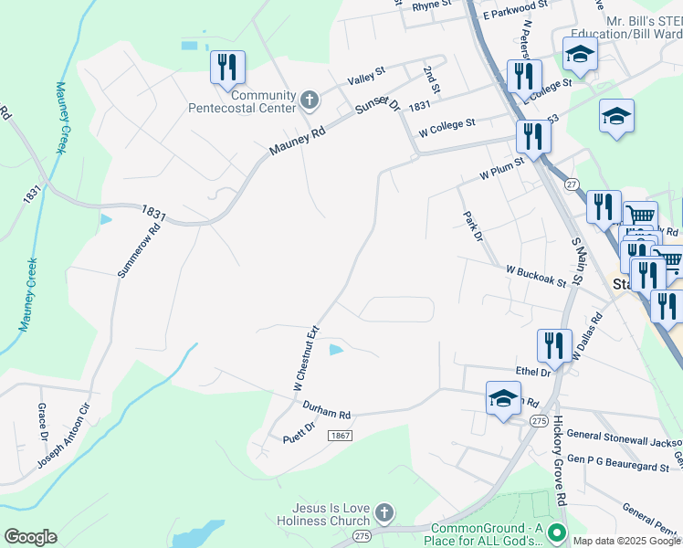 map of restaurants, bars, coffee shops, grocery stores, and more near West Chestnut Street in Stanley