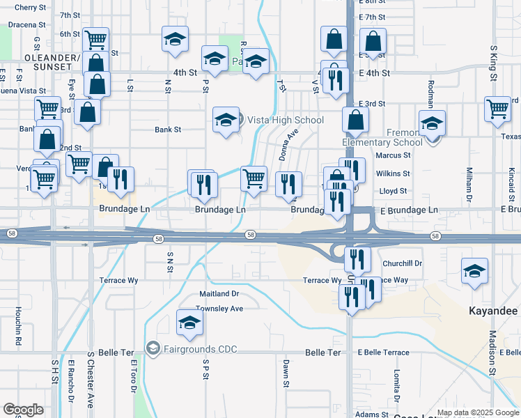 map of restaurants, bars, coffee shops, grocery stores, and more near 0 T Street in Bakersfield