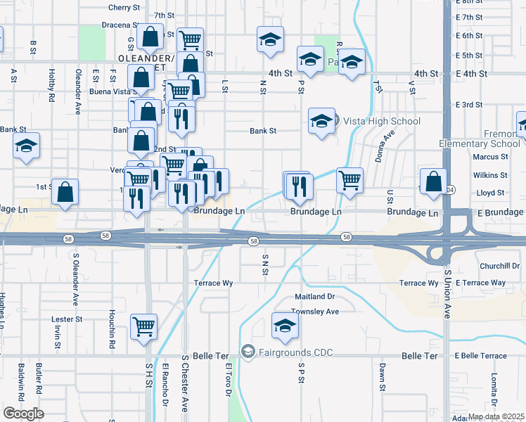 map of restaurants, bars, coffee shops, grocery stores, and more near Brundage Lane & N Street in Bakersfield