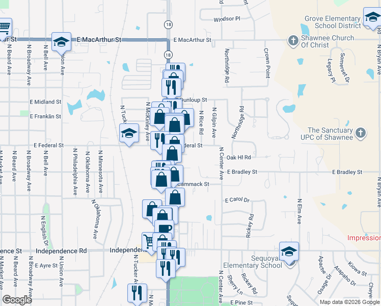 map of restaurants, bars, coffee shops, grocery stores, and more near 909 East Federal Street in Shawnee