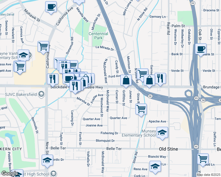 map of restaurants, bars, coffee shops, grocery stores, and more near 3920 Frazier Avenue in Bakersfield