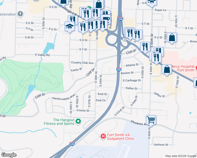 map of restaurants, bars, coffee shops, grocery stores, and more near 3013 South 59th Street in Fort Smith