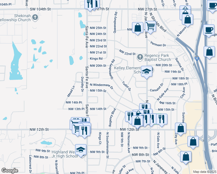 map of restaurants, bars, coffee shops, grocery stores, and more near 944 North Windermere Drive in Moore