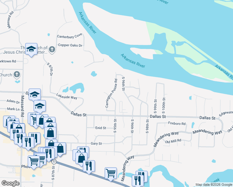 map of restaurants, bars, coffee shops, grocery stores, and more near 9413 Carrington Court in Fort Smith