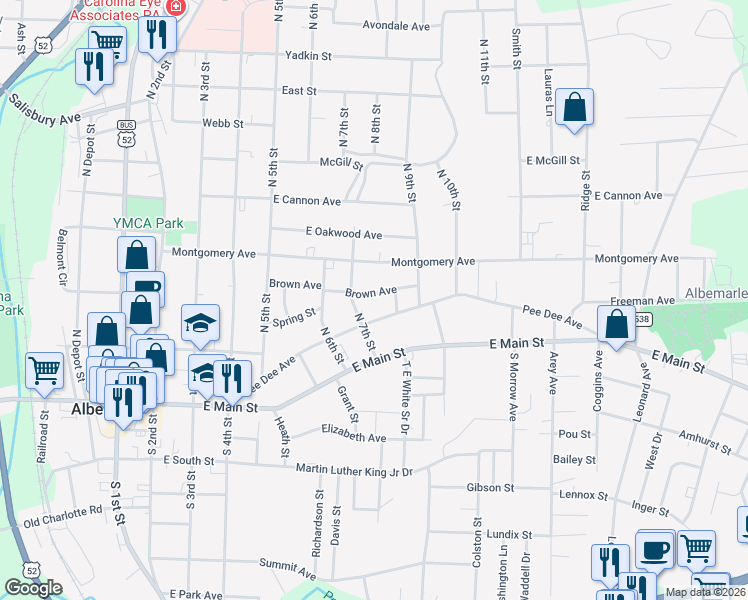 map of restaurants, bars, coffee shops, grocery stores, and more near 723 Pee Dee Avenue in Albemarle