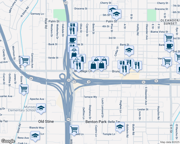 map of restaurants, bars, coffee shops, grocery stores, and more near 26A Stephens Drive in Bakersfield