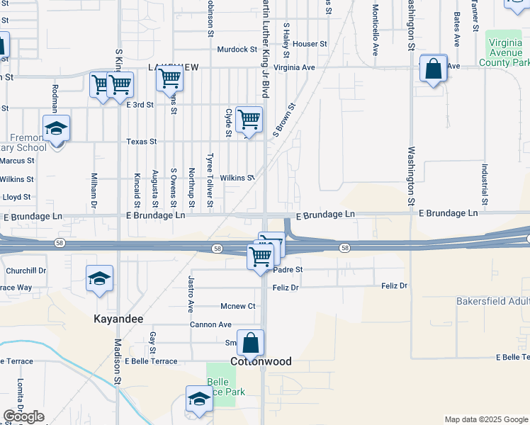 map of restaurants, bars, coffee shops, grocery stores, and more near East Brundage Lane & Doctor Martin Luther King Junior Boulevard in Bakersfield