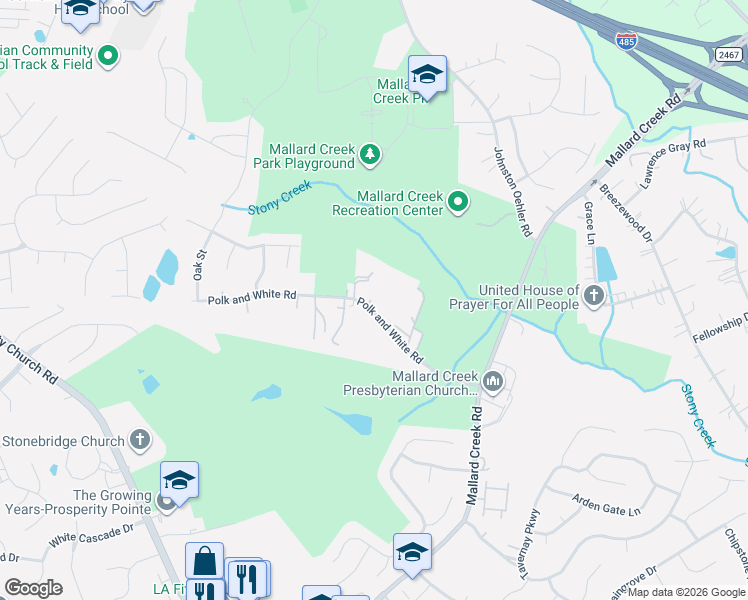 map of restaurants, bars, coffee shops, grocery stores, and more near 2734 Polk and White Road in Charlotte