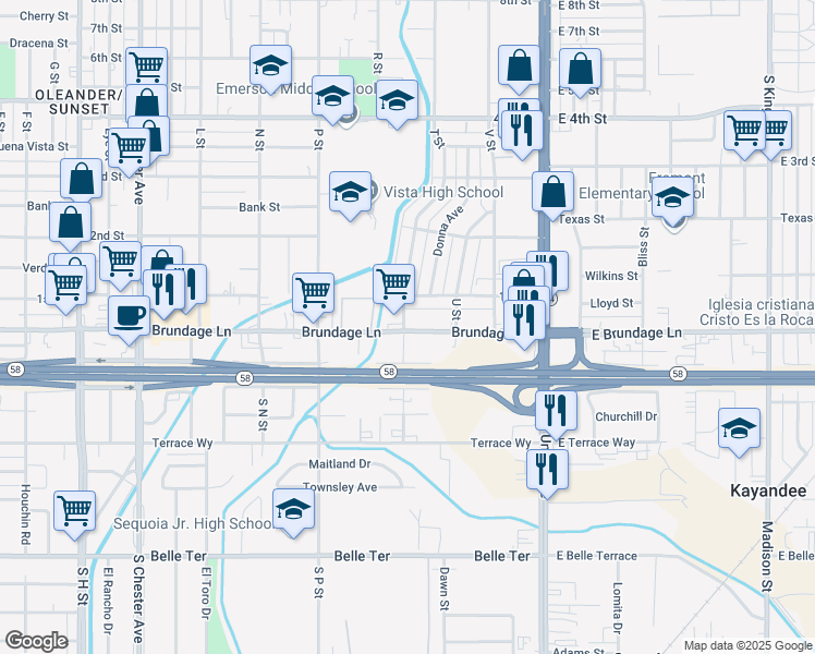 map of restaurants, bars, coffee shops, grocery stores, and more near 0 T Street in Bakersfield