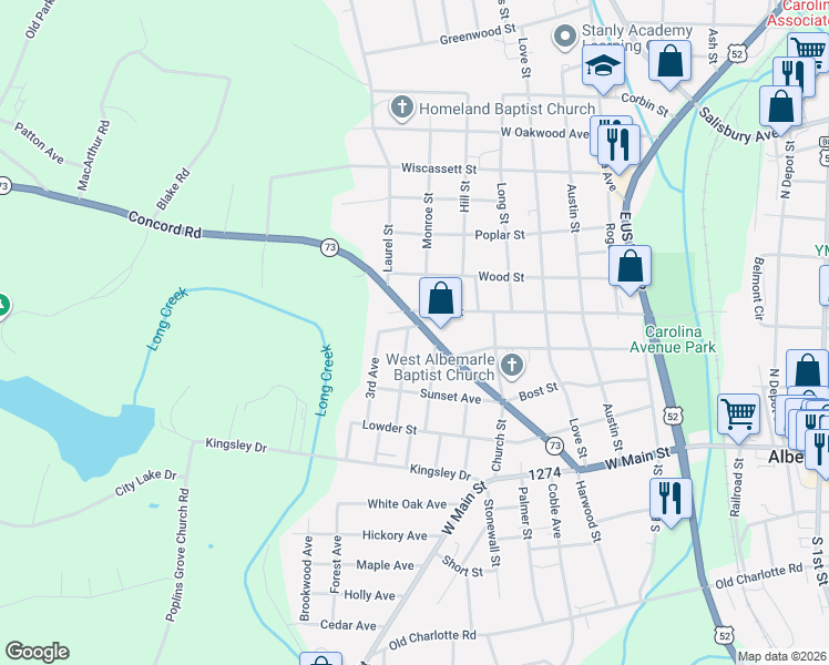 map of restaurants, bars, coffee shops, grocery stores, and more near 412 2nd Avenue in Albemarle