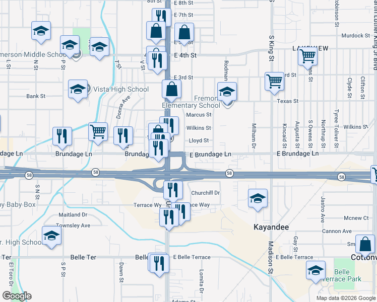 map of restaurants, bars, coffee shops, grocery stores, and more near 204 East Brundage Lane in Bakersfield