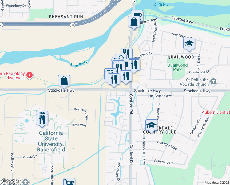 map of restaurants, bars, coffee shops, grocery stores, and more near 8200 Kroll Way in Bakersfield
