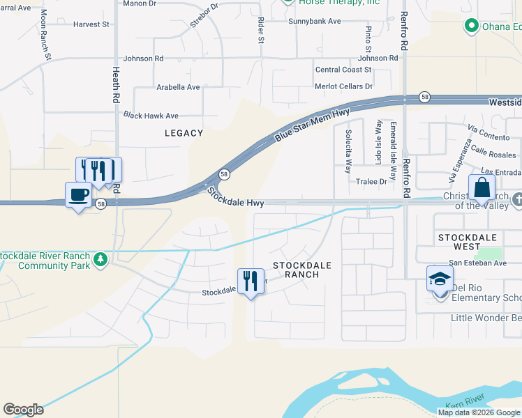 map of restaurants, bars, coffee shops, grocery stores, and more near 15301 Aldridge Avenue in Bakersfield