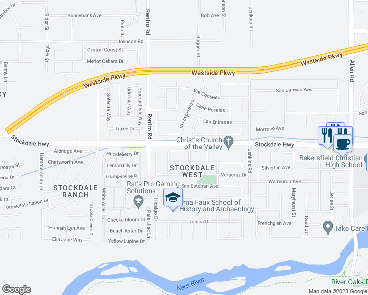 map of restaurants, bars, coffee shops, grocery stores, and more near 14204 San Jose Avenue in Bakersfield