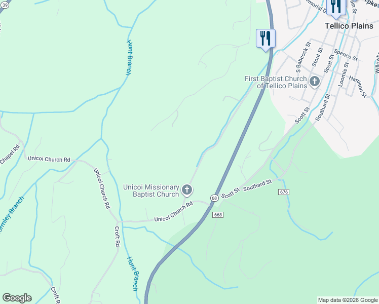 map of restaurants, bars, coffee shops, grocery stores, and more near 204 Unicoi Church Road in Tellico Plains