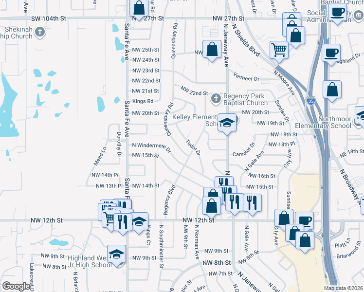 map of restaurants, bars, coffee shops, grocery stores, and more near 1608 Queensbury Road in Moore