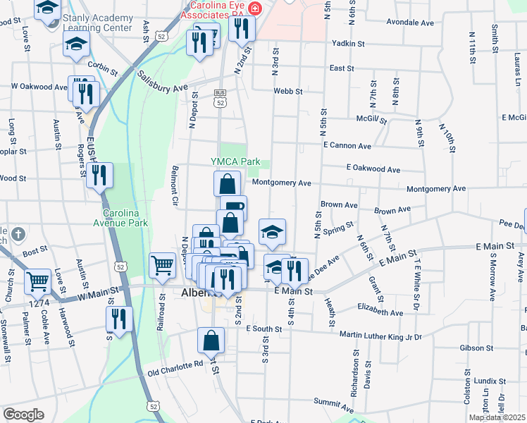 map of restaurants, bars, coffee shops, grocery stores, and more near 255 North 3rd Street in Albemarle