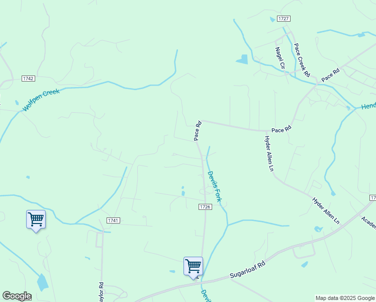 map of restaurants, bars, coffee shops, grocery stores, and more near 599 Pace Road in Hendersonville